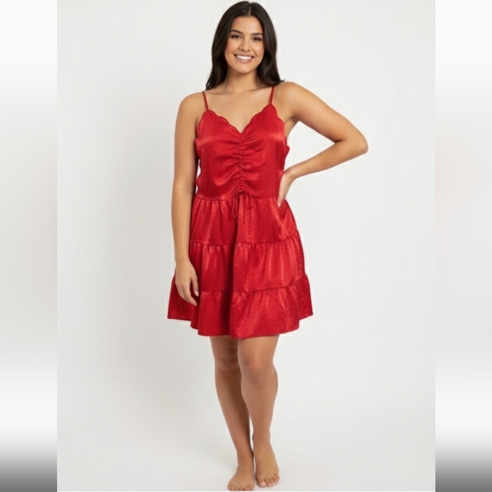 New MONTEAU Los Angeles red scallop dress size L @Z